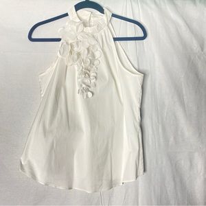 White A-Line High Neck Sleeveless Blouse w/Floral Embellishment